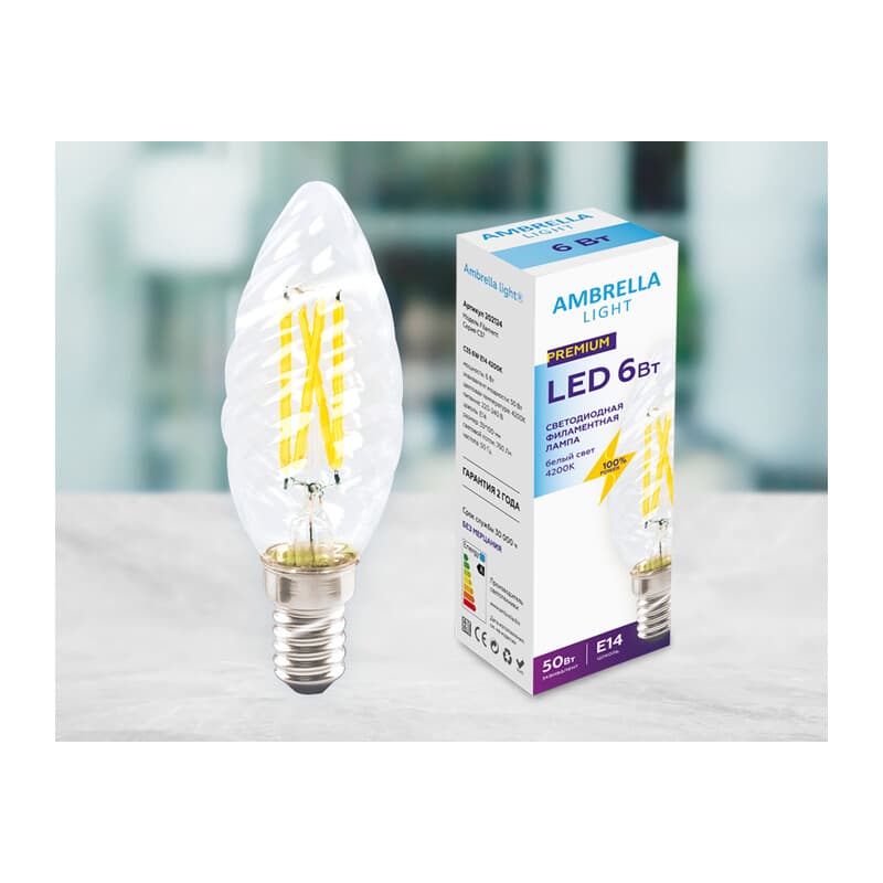 Светодиодная лампа C35 202124 Filament LED C35 6W E14 4200K (50W) 220-240V Ambrella Light 12