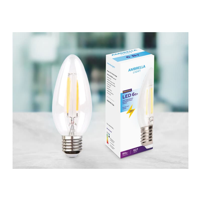 Филаментная светодиодная лампа C37 202220 Filament LED C37-F 6W E27 4200K (60W) Ambrella Light 12