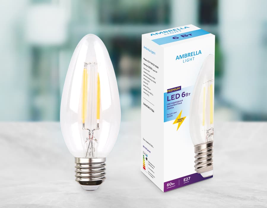 Филаментная светодиодная лампа C37 202220 Filament LED C37-F 6W E27 4200K (60W) Ambrella Light 9