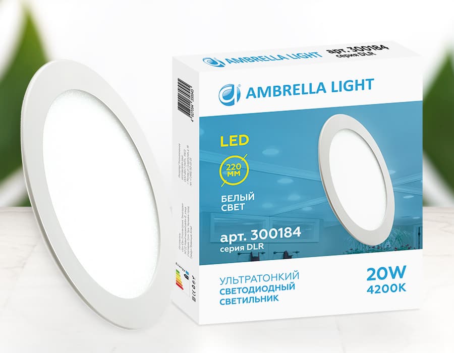 Встраиваемый светодиодный светильник Даунлайт DLR 20W 4200K 185-250V (200W) (D220mm/A205mm) Ambrella Light 8