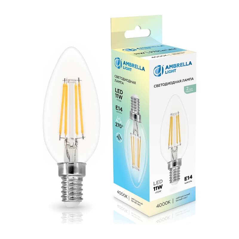 Лампа светодиодная Свеча C35 11W 4000K 351114 Filament LED C35 11W E14 4000K 220-240V Ambrella Light 13