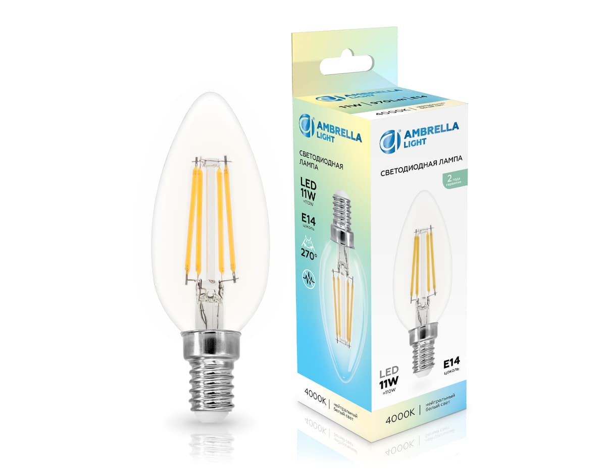 Лампа светодиодная Свеча C35 11W 4000K 351114 Filament LED C35 11W E14 4000K 220-240V Ambrella Light 4
