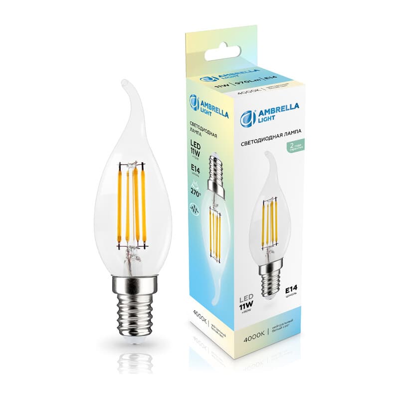 Лампа светодиодная Свеча на ветру CF35 11W 4000K 351124 Filament LED CF35 11W E14 4000K 220-240V Ambrella Light 10
