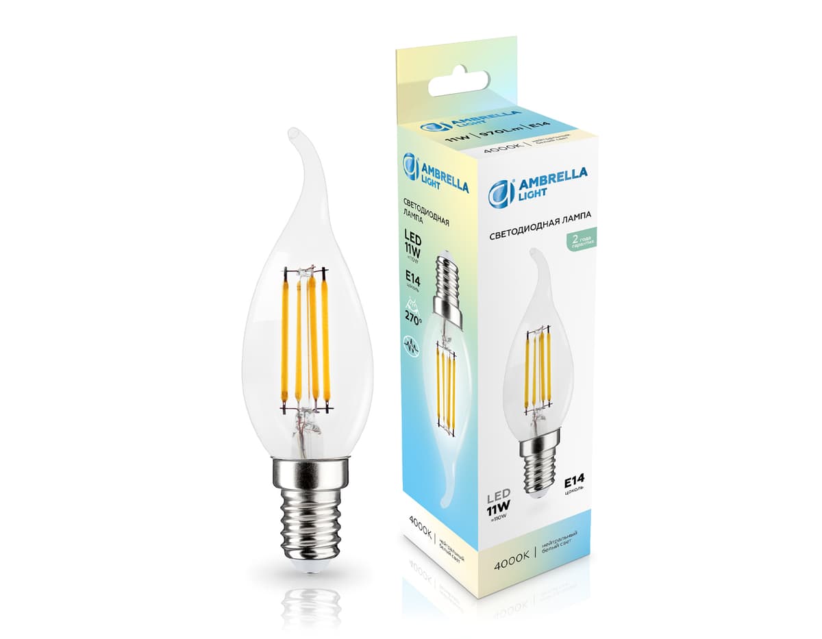 Лампа светодиодная Свеча на ветру CF35 11W 4000K 351124 Filament LED CF35 11W E14 4000K 220-240V Ambrella Light 4