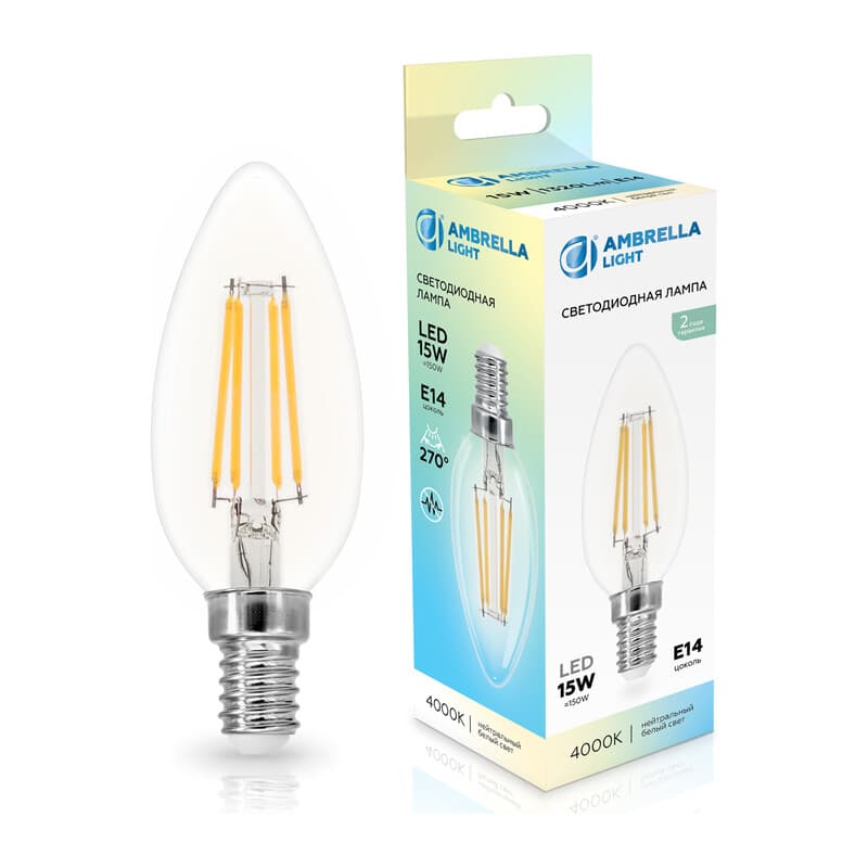 Лампа светодиодная Свеча C35 15W 4000K 351514 Filament LED C35 15W E14 4000K 220-240V Ambrella Light 13