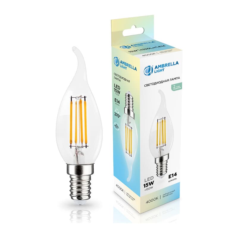 Лампа светодиодная Свеча на ветру CF35 15W 4000K 351524 Filament LED CF35 15W E14 4000K 220-240V Ambrella Light 10