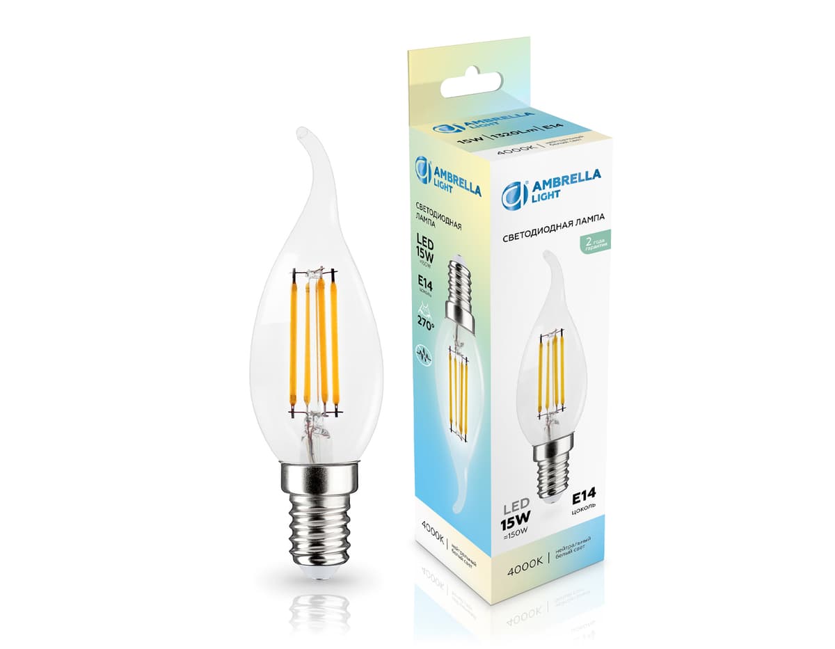 Лампа светодиодная Свеча на ветру CF35 15W 4000K 351524 Filament LED CF35 15W E14 4000K 220-240V Ambrella Light 4