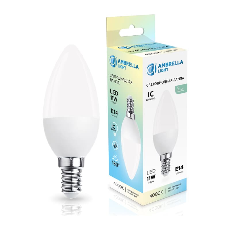 Лампа светодиодная Свеча C37 11W 4000K 371114 LED C37 11W IC E14 4000K 175-265V Ambrella Light 13