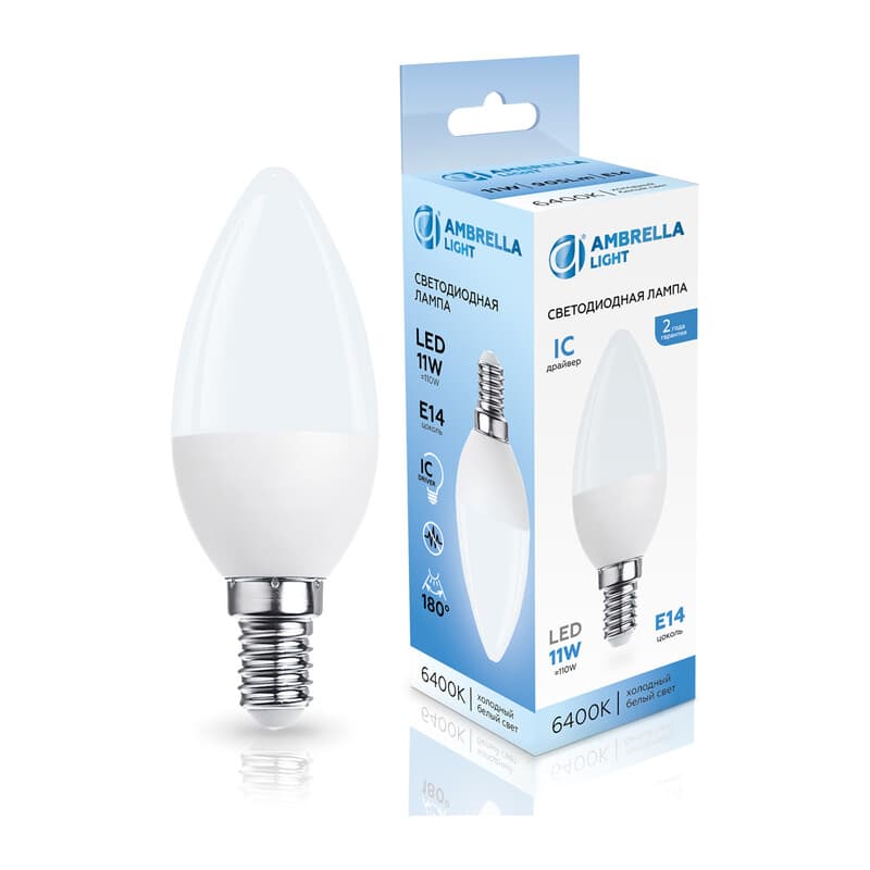 Лампа светодиодная Свеча C37 11W 6400K 371116 LED C37 11W IC E14 6400K 175-265V Ambrella Light 10