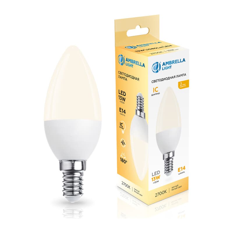 Лампа светодиодная Свеча C37 13W 2700K 371313 LED C37 13W IC E14 2700K 175-265V Ambrella Light 13