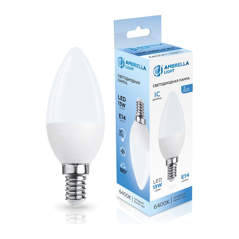 Лампа светодиодная Свеча C37 13W 6400K 371316 LED C37 13W IC E14 6400K 175-265V Ambrella Light 13