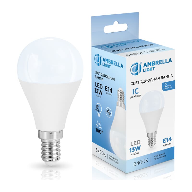 Лампа светодиодная Шар P45 13W 6400K 451316 LED P45 13W IC E14 6400K 175-265V Ambrella Light 10