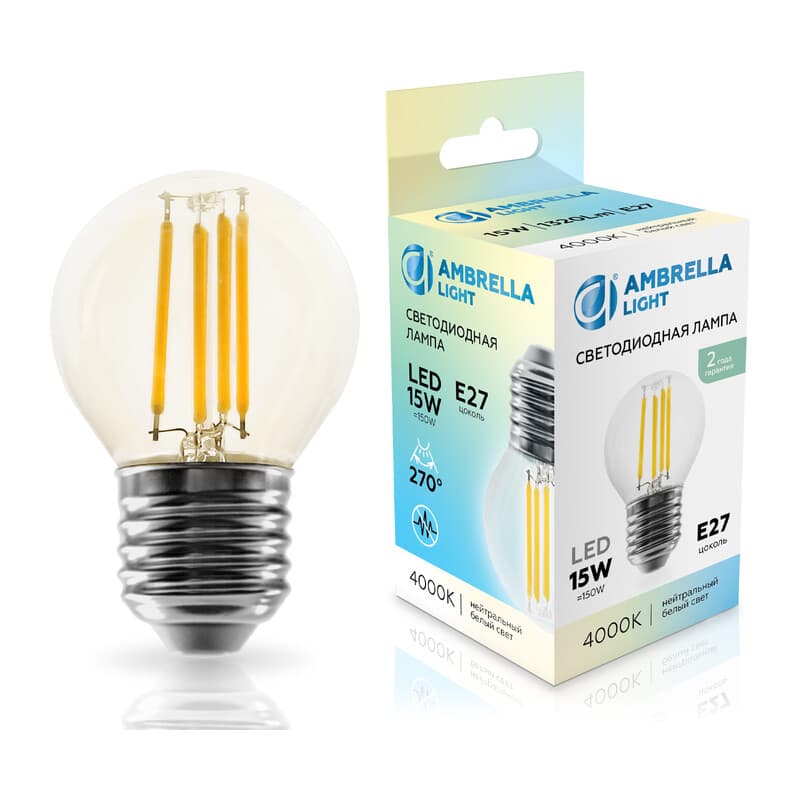 Лампа светодиодная Шар G45 15W 4000K 451524 Filament LED G45 15W E27 4000K 220-240V Ambrella Light 10