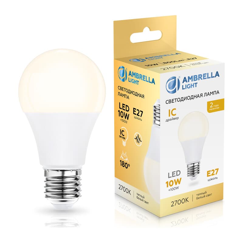 Лампа светодиодная Лон A60 10W 2700K 601003 LED A60 10W IC E27 2700K 175-265V Ambrella Light 13