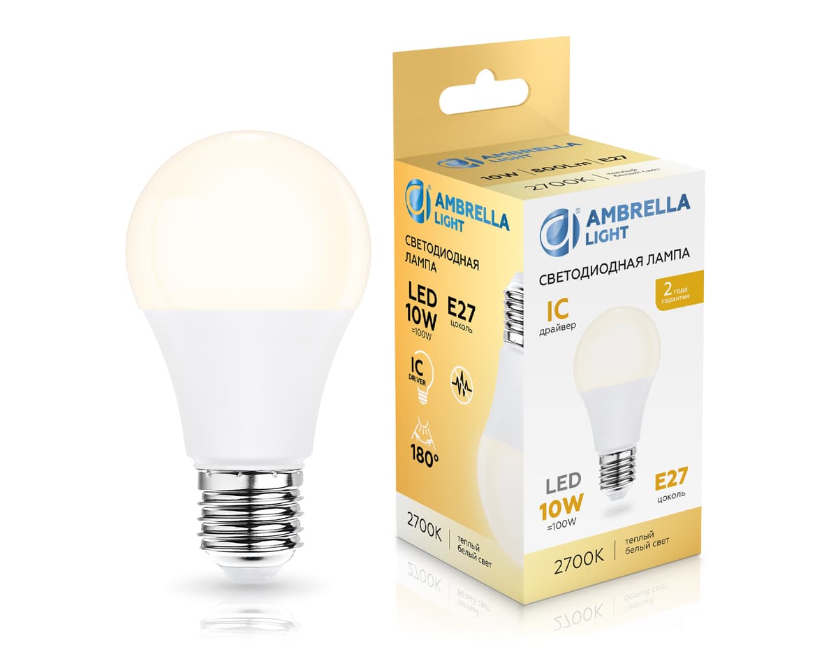 Лампа светодиодная Лон A60 10W 2700K 601003 LED A60 10W IC E27 2700K 175-265V Ambrella Light 7
