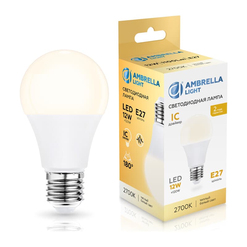 Лампа светодиодная Лон A60 12W 2700K 601203 LED A60 12W IC E27 2700K 175-265V Ambrella Light 13