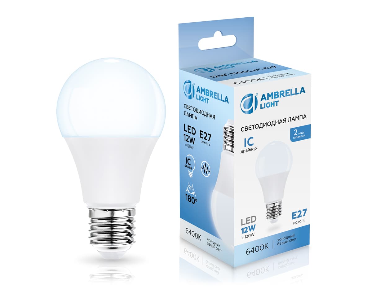 Лампа светодиодная Лон A60 12W 6400K 601206 LED A60 12W IC E27 6400K 175-265V Ambrella Light 4