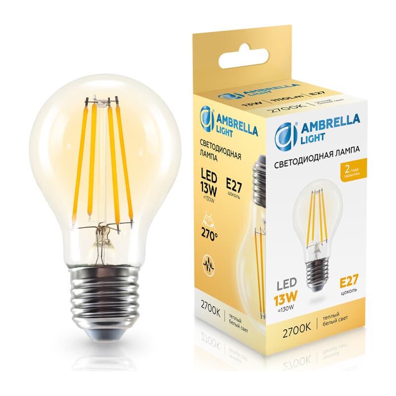 Лампа светодиодная Лон A60 13W 2700K 601313 Filament LED A60 13W E27 2700K 220-240V Ambrella Light 10