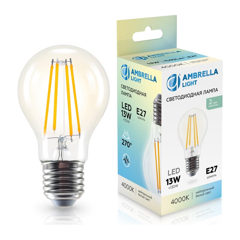 Лампа светодиодная Лон A60 13W 4000K 601314 Filament LED A60 13W E27 4000K 220-240V Ambrella Light 10