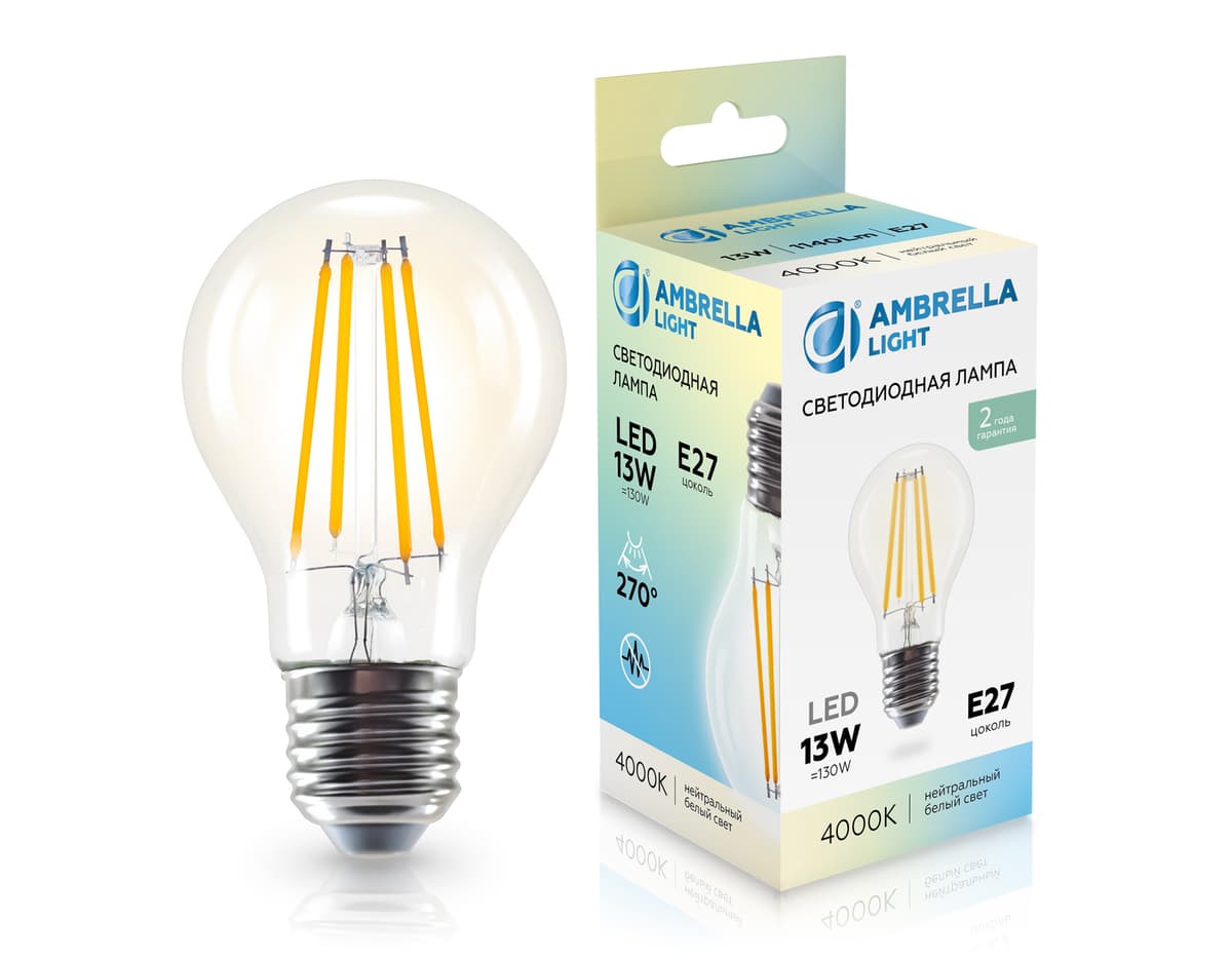 Лампа светодиодная Лон A60 13W 4000K 601314 Filament LED A60 13W E27 4000K 220-240V Ambrella Light 7