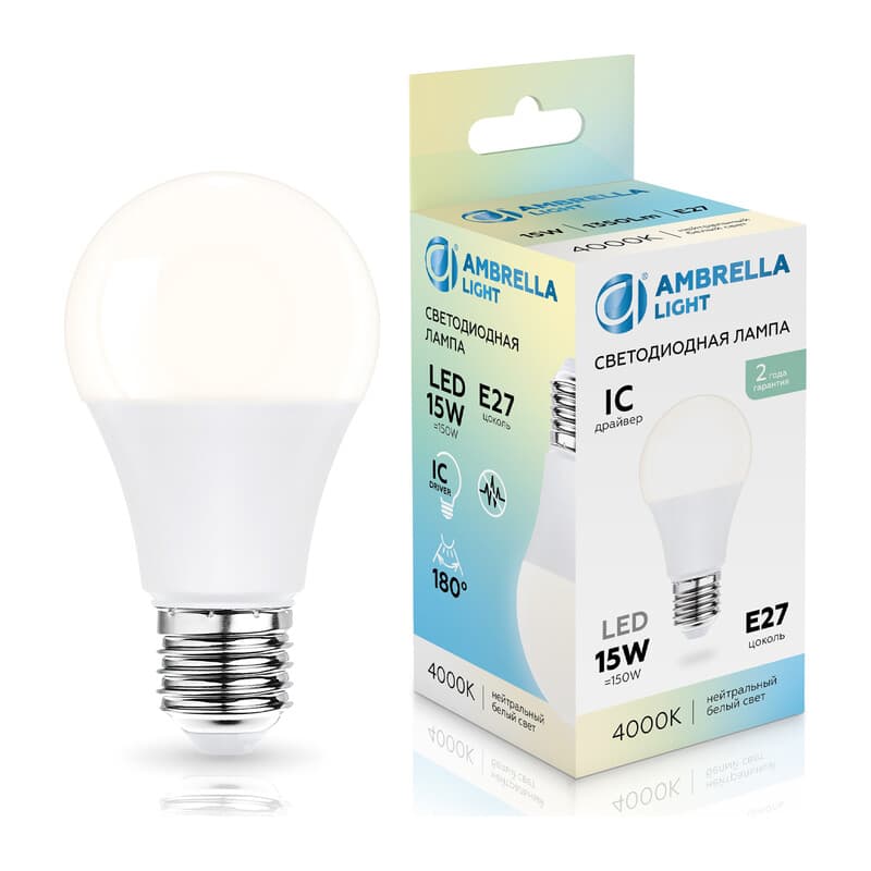 Лампа светодиодная Лон A60 15W 4000K 601504 LED A60 15W IC E27 4000K 175-265V Ambrella Light 13
