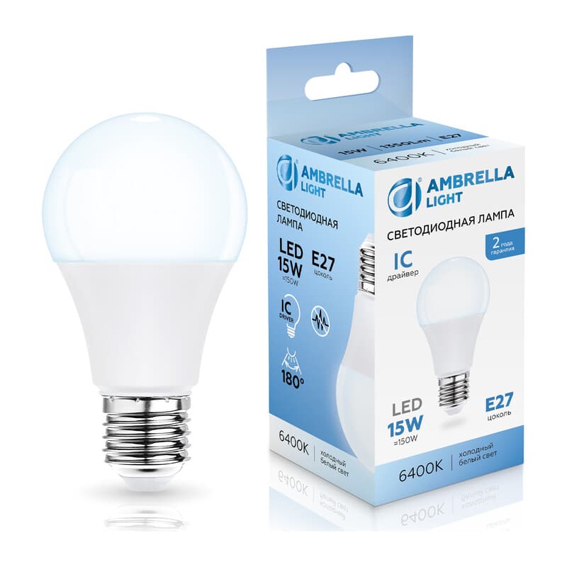 Лампа светодиодная Лон A60 15W 6400K 601506 LED A60 15W IC E27 6400K 175-265V Ambrella Light 13