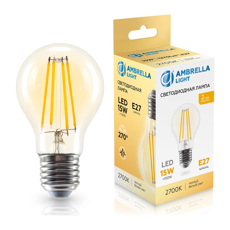 Лампа светодиодная Лон A60 15W 2700K 601513 Filament LED A60 15W E27 2700K 220-240V Ambrella Light 10