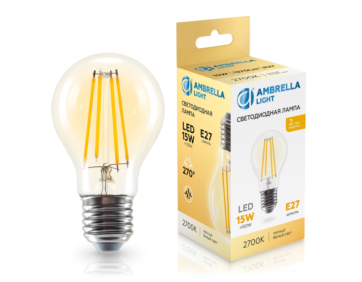 Лампа светодиодная Лон A60 15W 2700K 601513 Filament LED A60 15W E27 2700K 220-240V Ambrella Light 7