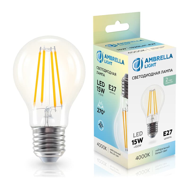 Лампа светодиодная Лон A60 15W 4000K 601514 Filament LED A60 15W E27 4000K 220-240V Ambrella Light 13