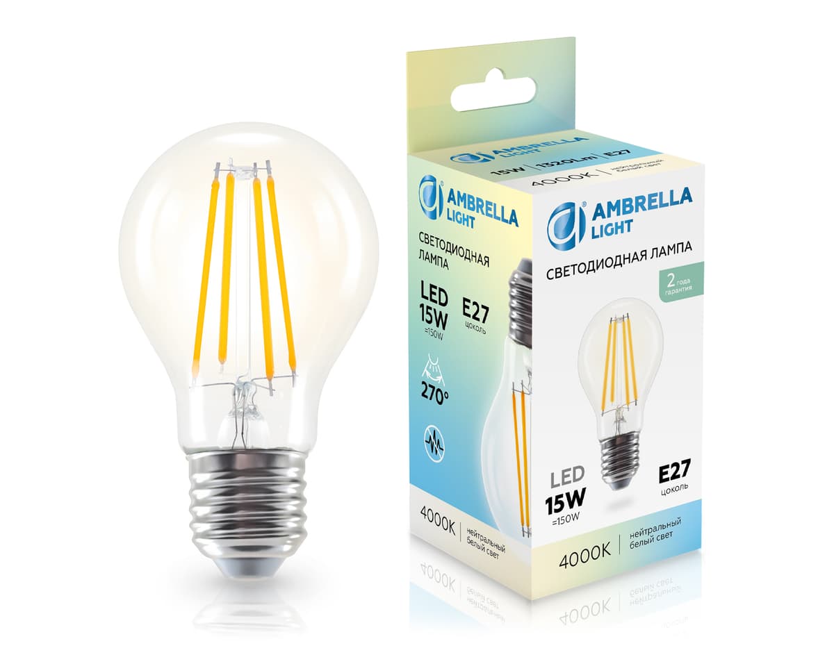 Лампа светодиодная Лон A60 15W 4000K 601514 Filament LED A60 15W E27 4000K 220-240V Ambrella Light 7