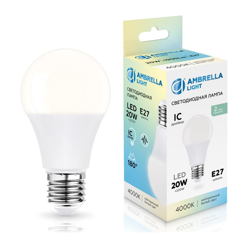 Лампа светодиодная Лон A60 20W 4000K 602004 LED A60 20W IC E27 4000K 175-265V Ambrella Light 10