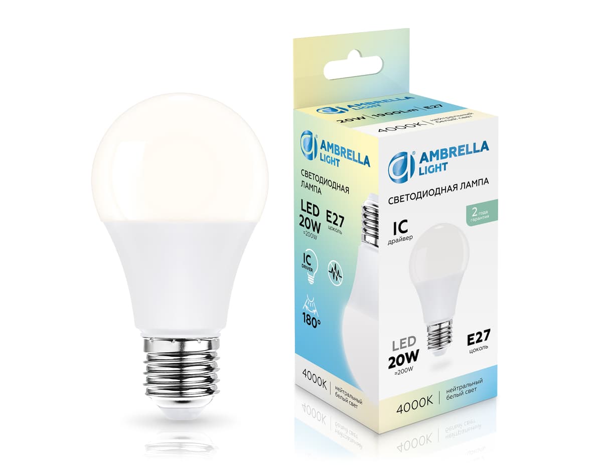 Лампа светодиодная Лон A60 20W 4000K 602004 LED A60 20W IC E27 4000K 175-265V Ambrella Light 7
