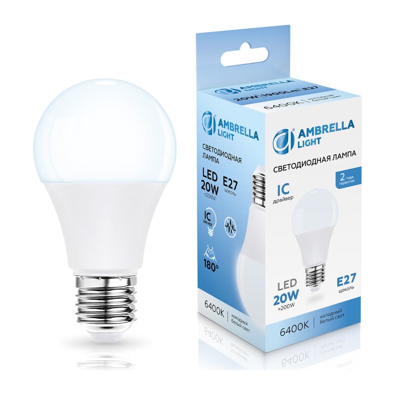 Лампа светодиодная Лон A60 20W 6400K 602006 LED A60 20W IC E27 6400K 175-265V Ambrella Light 10