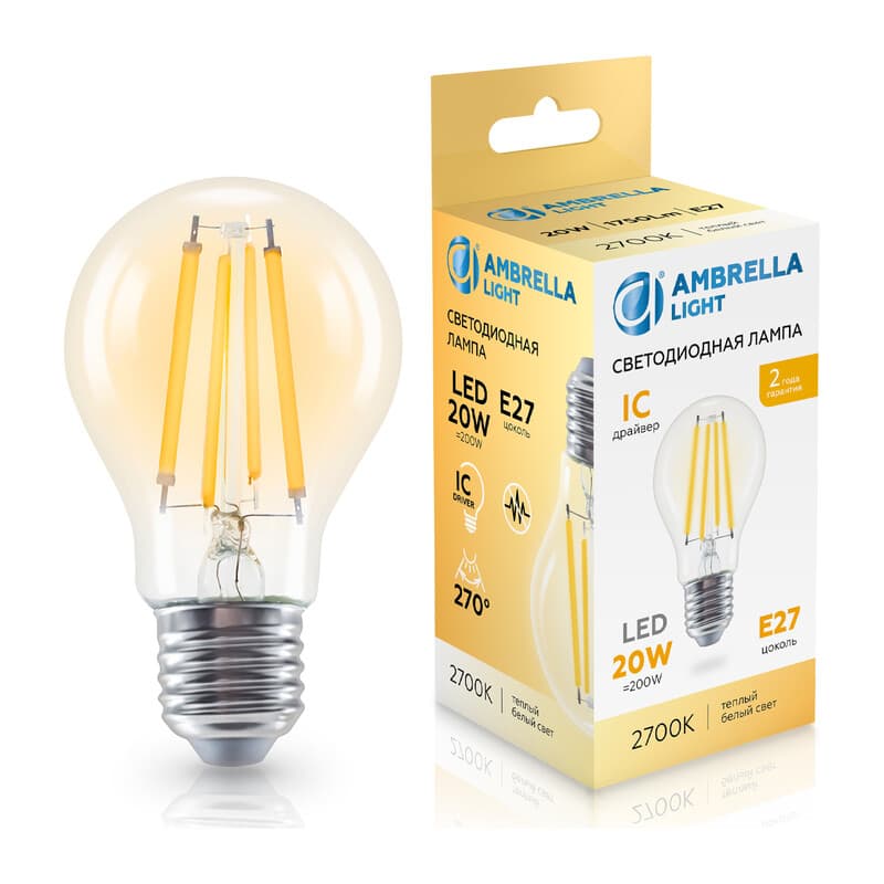 Лампа светодиодная Лон A60 20W 2700K 602013 Filament LED A60 20W IC E27 2700K 220-240V Ambrella Light 13