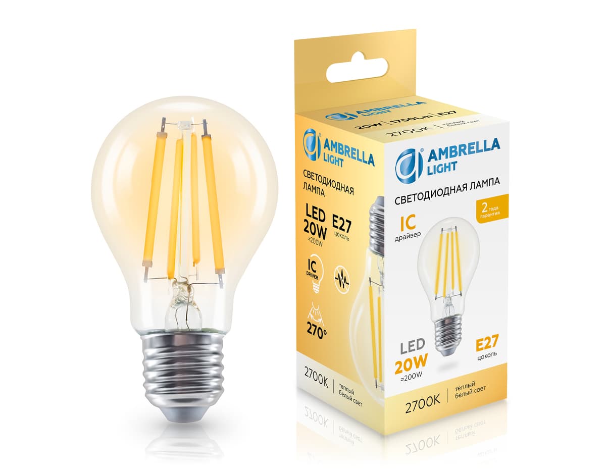Лампа светодиодная Лон A60 20W 2700K 602013 Filament LED A60 20W IC E27 2700K 220-240V Ambrella Light 7