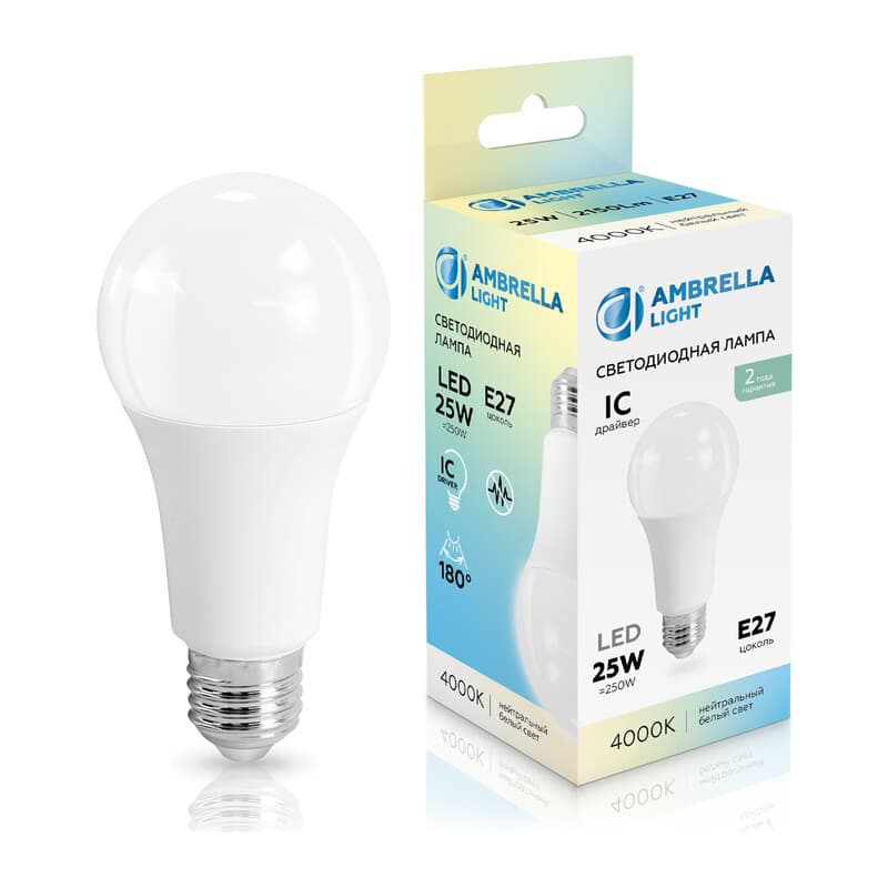 Лампа светодиодная Лон A65 25W 4000K 652504 LED A65 25W IC E27 4000K 175-265V Ambrella Light 13