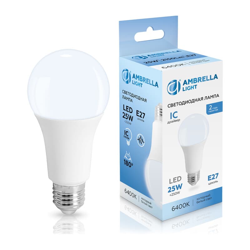 Лампа светодиодная Лон A65 25W 6400K 652506 LED A65 25W IC E27 6400K 175-265V Ambrella Light 13