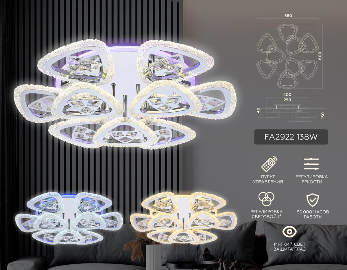 Потолочный светодиодный светильник с пультом FA2922 CH хром 138W 600*600*130 (ПДУ РАДИО 2.4) Ambrella Light 8