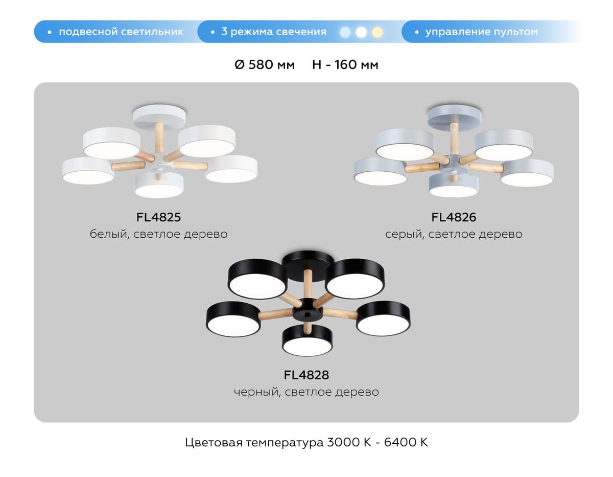 Подвесной светодиодный светильник с пультом FL4828/5 BK черный 3000K-6400K 65W D580*160 (ПДУ ИК) Ambrella Light 16