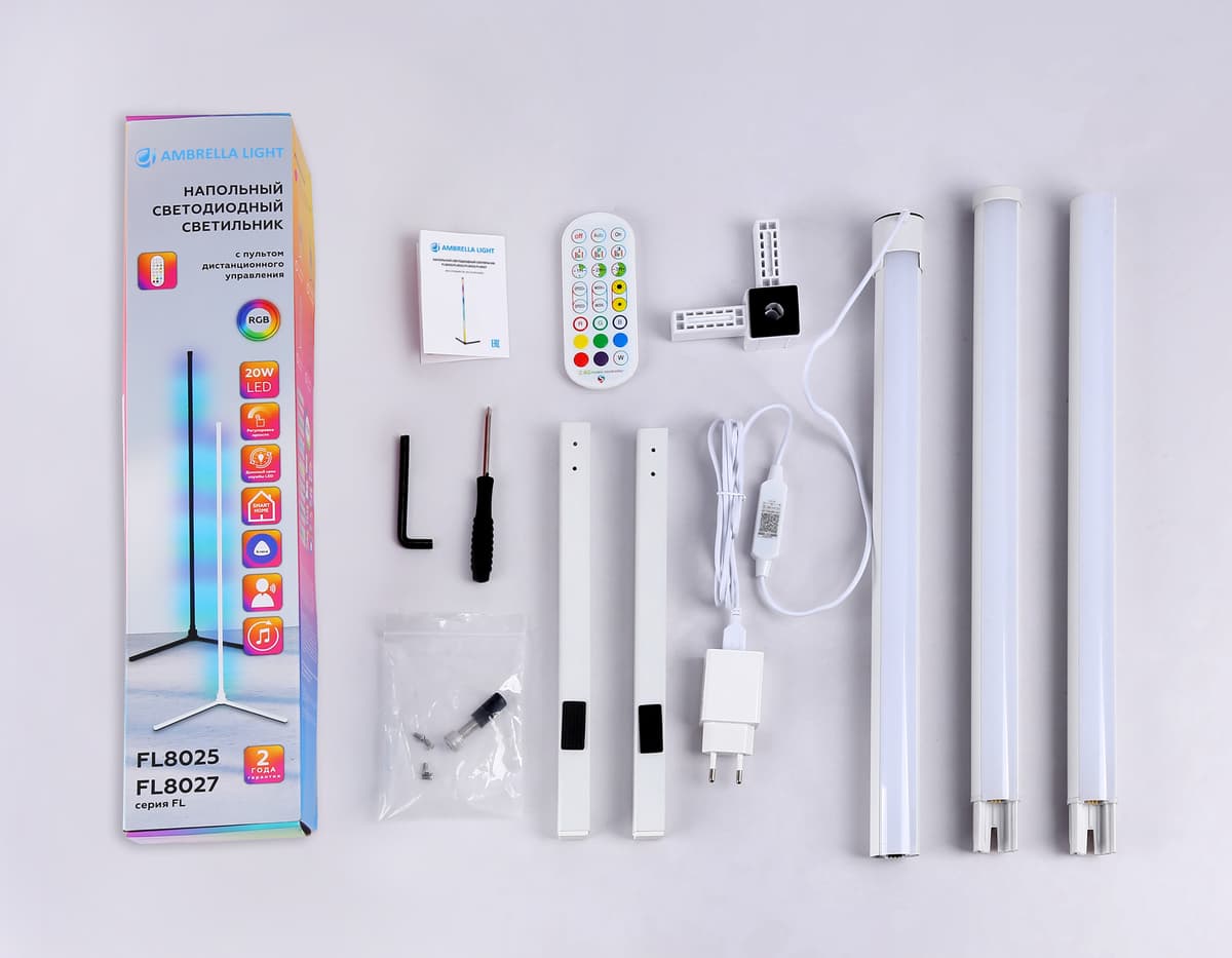Светильник светодиодный напольный RGB с пультом FL8020 WH белый LED 15W RGB D32*1250 (ПДУ РАДИО 2.4G) Ambrella Light 18