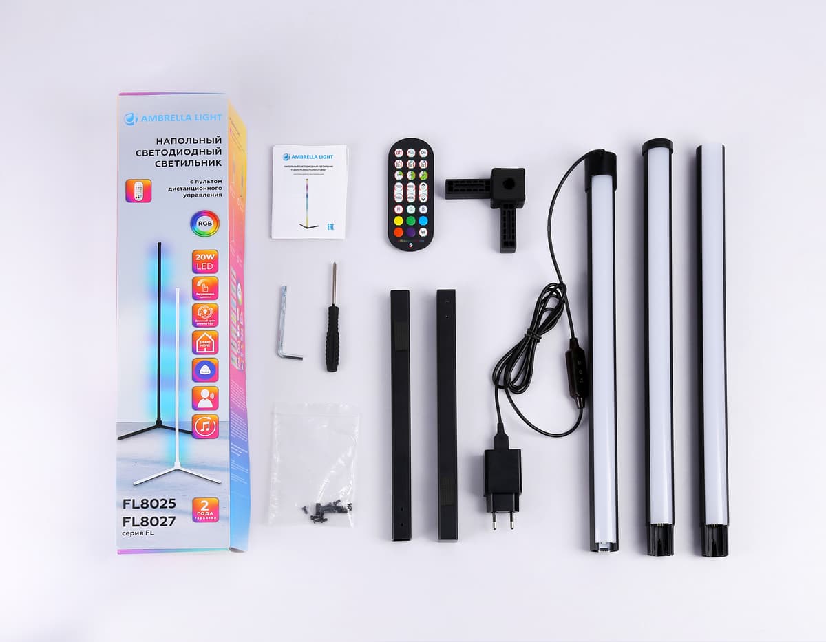 Светильник светодиодный напольный RGB с пультом FL8022 BK черный LED 15W RGB D32*1250 (ПДУ РАДИО 2.4G) Ambrella Light 21