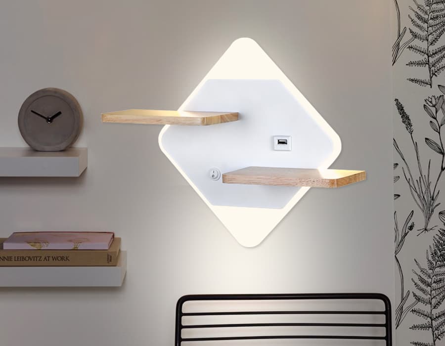 Настенный светодиодный светильник с выключателем, USB портом и полкой FW100 WH/WD белое/дерево LED 3000K/4200K/6400K 12W 340*250*105 Ambrella Light 6