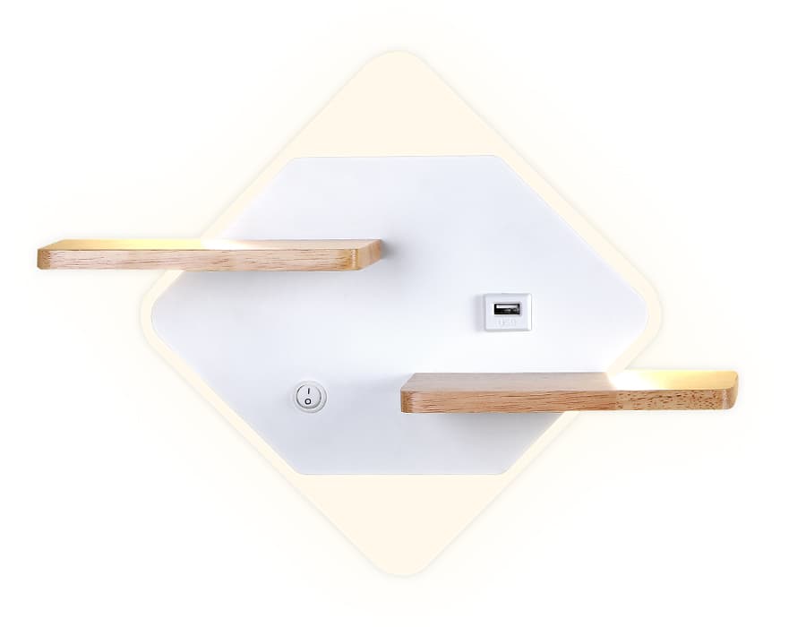 Настенный светодиодный светильник с выключателем, USB портом и полкой FW100 WH/WD белое/дерево LED 3000K/4200K/6400K 12W 340*250*105 Ambrella Light 7