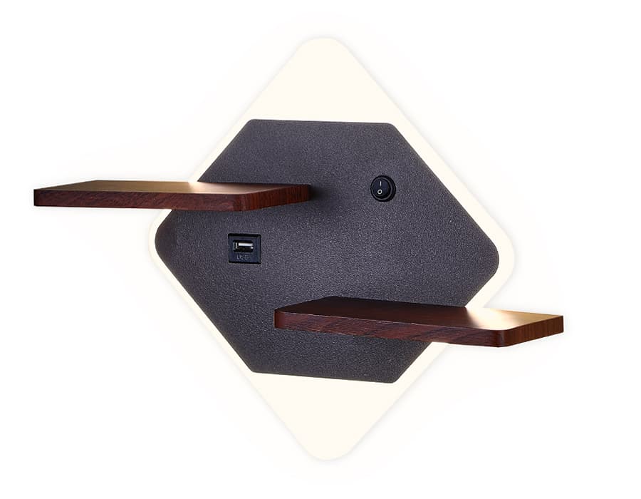 Настенный светодиодный светильник с выключателем, USB портом и полкой FW101 CF/WD кофе/дерево LED 3000K/4200K/6400K 12W 340*250*105 Ambrella Light 5