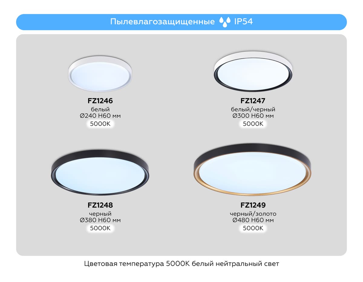 Потолочный светодиодный светильник с высокой степенью защиты IP54 FZ1249 BK/GD черный/золото IP54 45W 5000K D480*60 (Без ПДУ) Ambrella Light 14