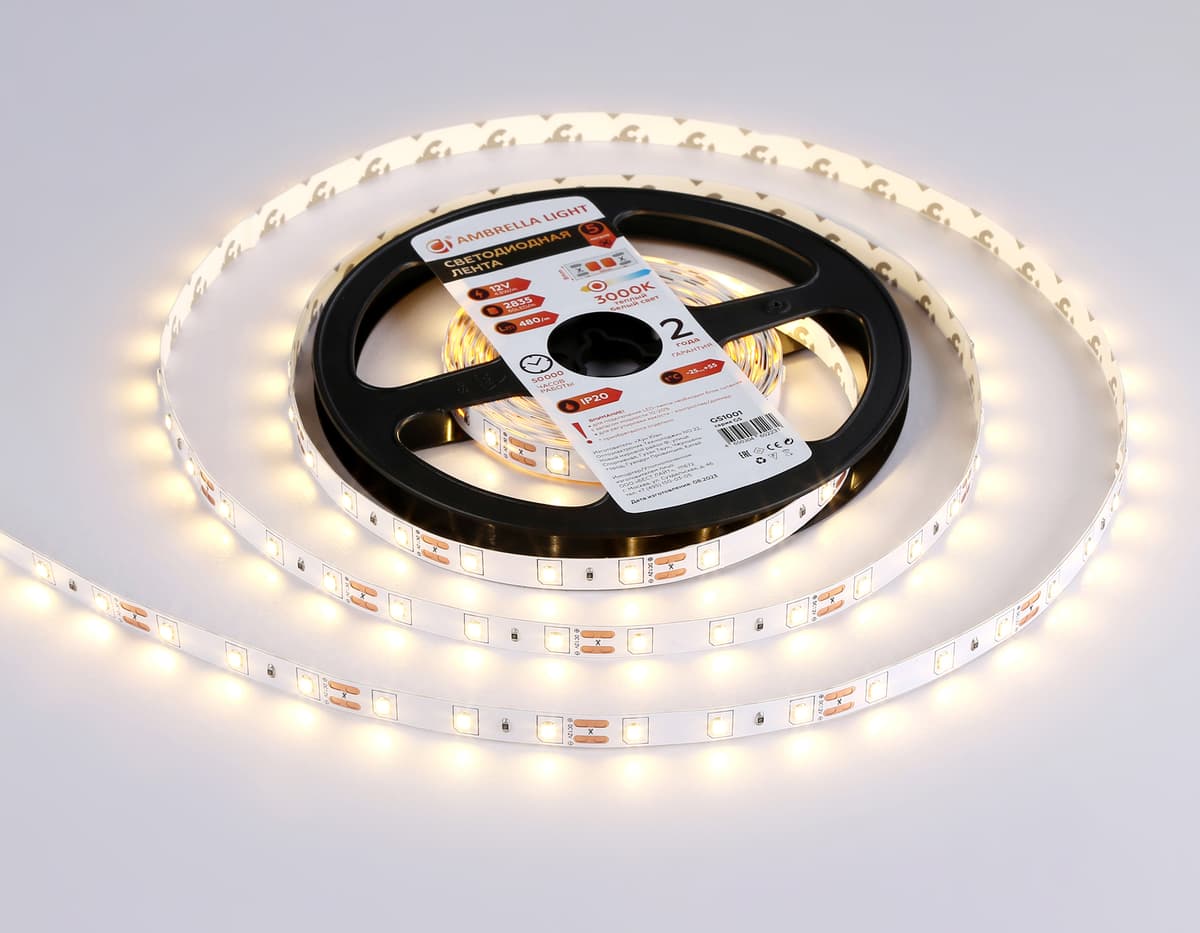 Светодиодная лента Ambrella Light GS1001 2835 60Led /4.8W m/ 12V IP20 3000K 5m /кратность резки 50mm GS1001 2835 60Led/ 4.8W m/ 12V IP20 3000K/ 5000*8*1.2mm (2 конт.) Ambrella Light 12