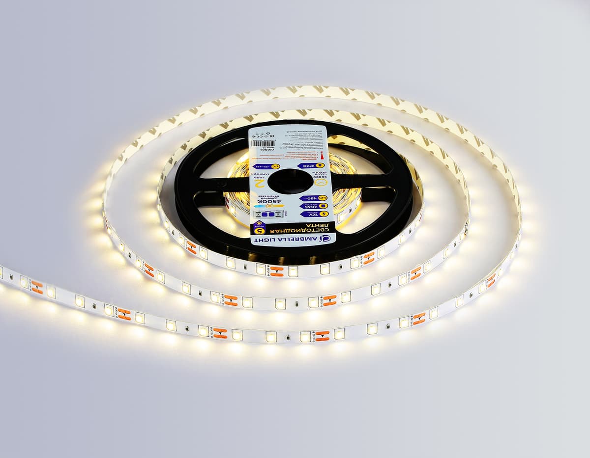 Светодиодная лента Ambrella Light GS1002 2835 60Led /4.8W m/ 12V IP20 4500K 5m /кратность резки 50mm GS1002 2835 60Led/ 4.8W m/ 12V IP20 4500K/ 5000*8*1.2mm (2 конт.) Ambrella Light 12