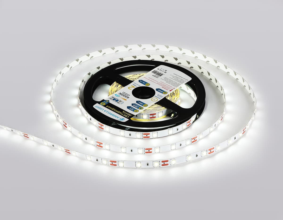 Светодиодная лента Ambrella Light GS1003 2835 60Led /4.8W m/ 12V IP20 6500K 5m/ кратность резки 50mm GS1003 2835 60Led/ 4.8W m/ 12V IP20 6500K/ 5000*8*1.2mm (2 конт.) Ambrella Light 12