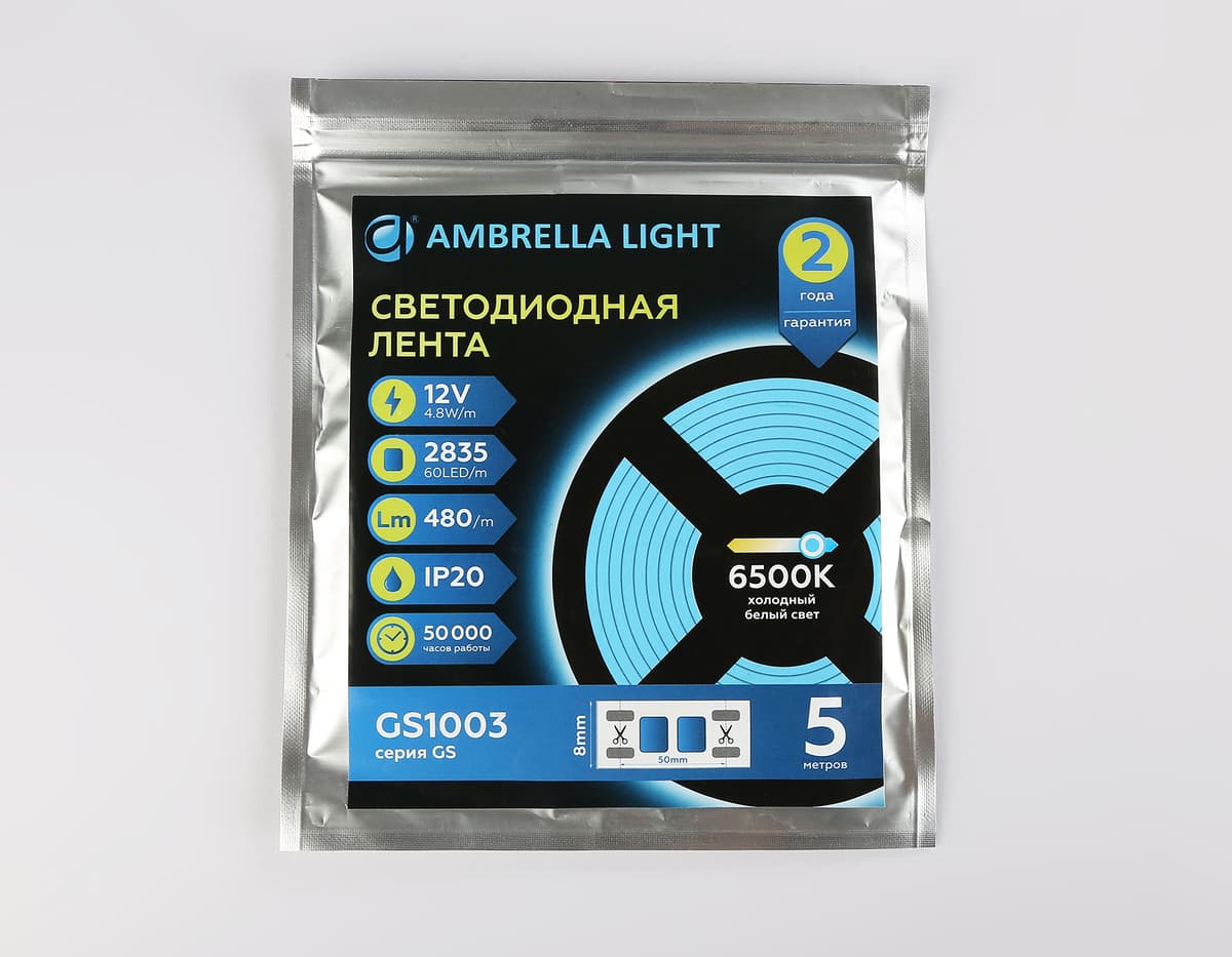 Светодиодная лента Ambrella Light GS1003 2835 60Led /4.8W m/ 12V IP20 6500K 5m/ кратность резки 50mm GS1003 2835 60Led/ 4.8W m/ 12V IP20 6500K/ 5000*8*1.2mm (2 конт.) Ambrella Light 14