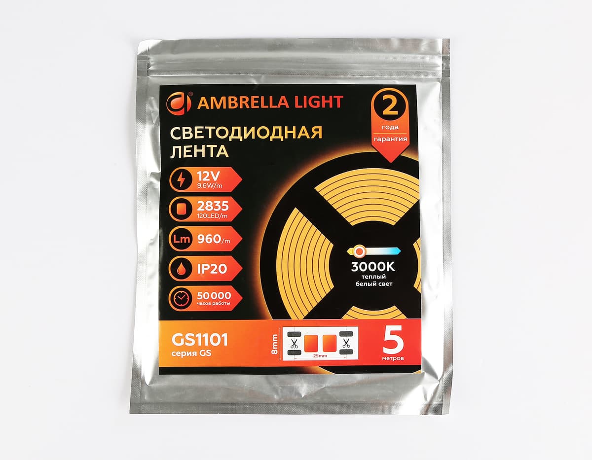 Светодиодная лента Ambrella Light GS1101 2835 120Led /9.6W m/ 12V IP20 3000K 5m/кратность резки 25mm GS1101 2835 120Led/ 9.6W m/ 12V IP20 3000K/ 5000*8*1.2mm (2 конт.) Ambrella Light 14